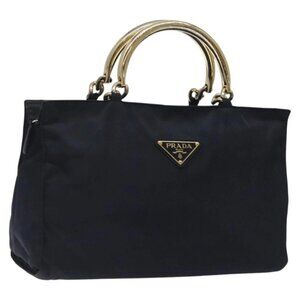 PRADA Chain Hand Bag Nylon Navy Gold Auth